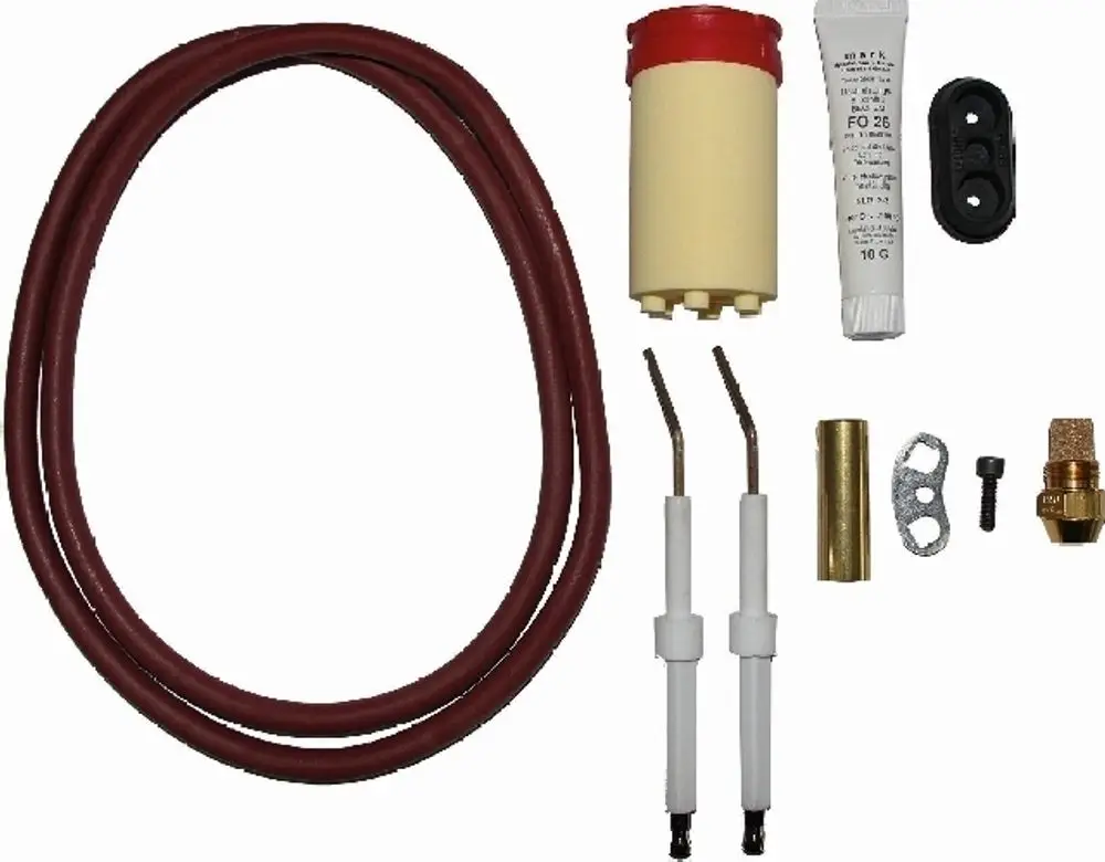 Wartungsset von Wolf, bestehend aus verschiedenen Zubehörteilen wie Schläuchen, einer Düse, Steckern und einem Schmiermittel in einem Set, geeignet für den COB-2-15.